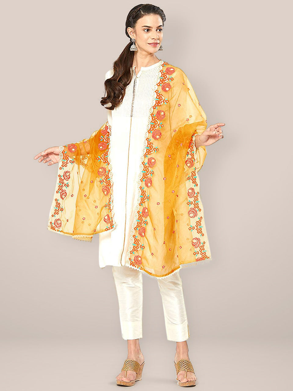 Yellow Embroidered Organza Dupatta freeshipping - Dupatta Bazaar