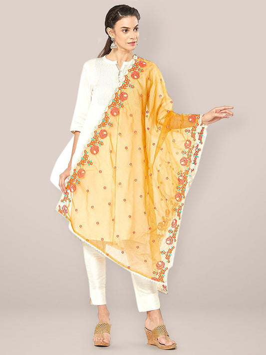 Yellow Embroidered Organza Dupatta freeshipping - Dupatta Bazaar