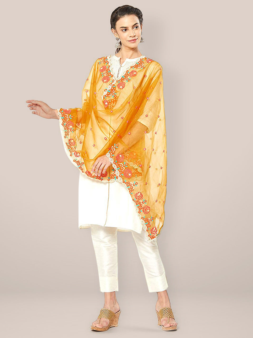 Yellow Embroidered Organza Dupatta freeshipping - Dupatta Bazaar
