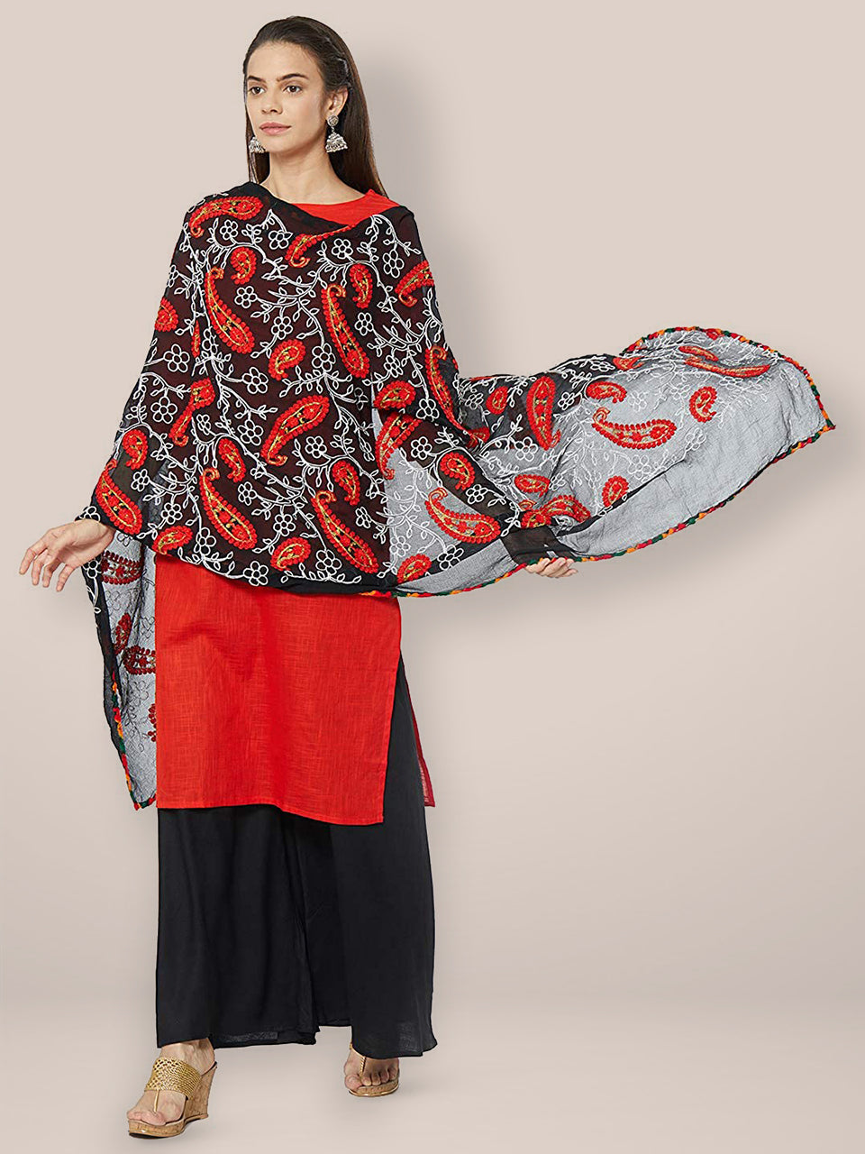 Multicoloured Paisley Embroidered Chiffon Dupatta freeshipping - Dupatta Bazaar