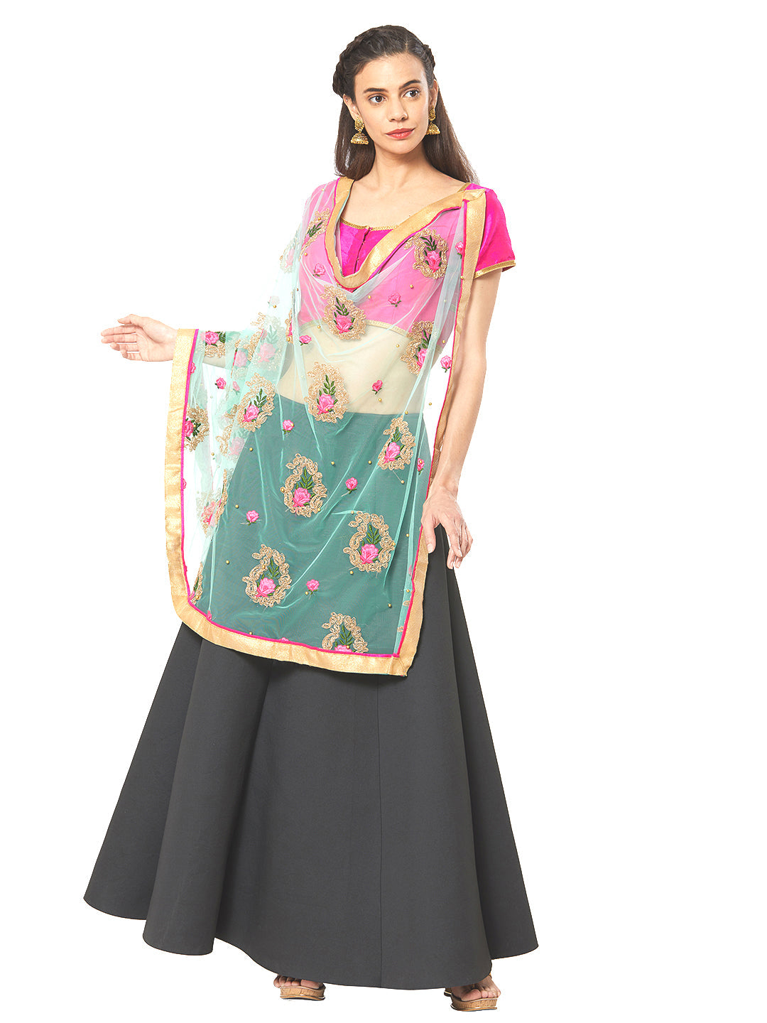 Dupatta Bazaar Woman's Sea Green Net Dupatta with Paisley Embroidery. - Dupatta Bazaar