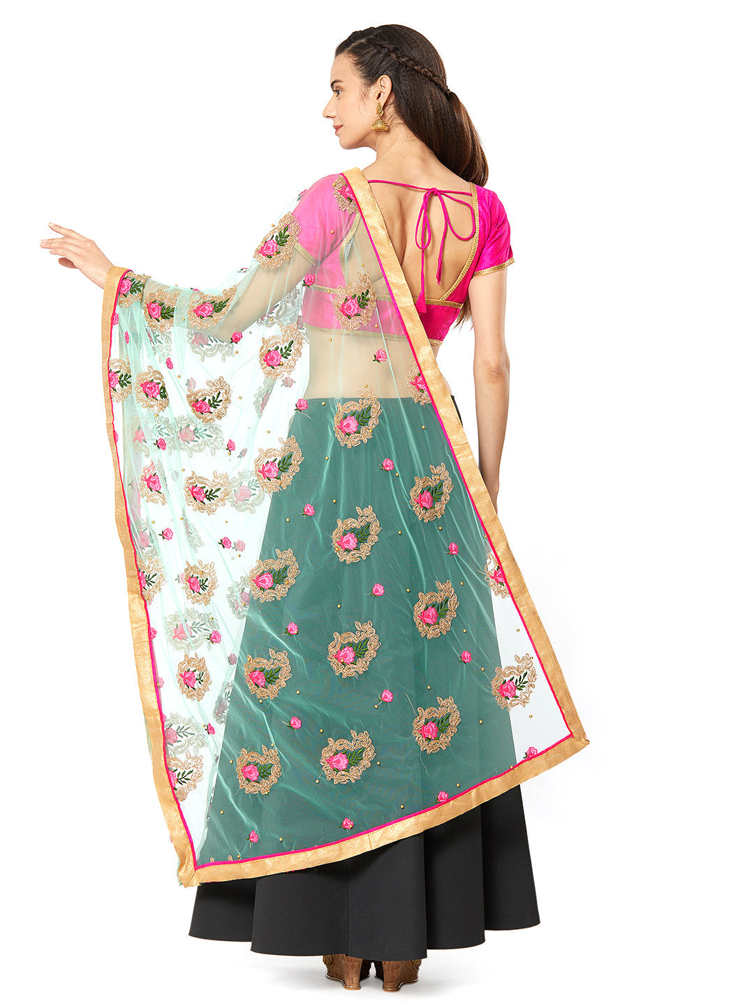 Dupatta Bazaar Woman's Sea Green Net Dupatta with Paisley Embroidery. - Dupatta Bazaar