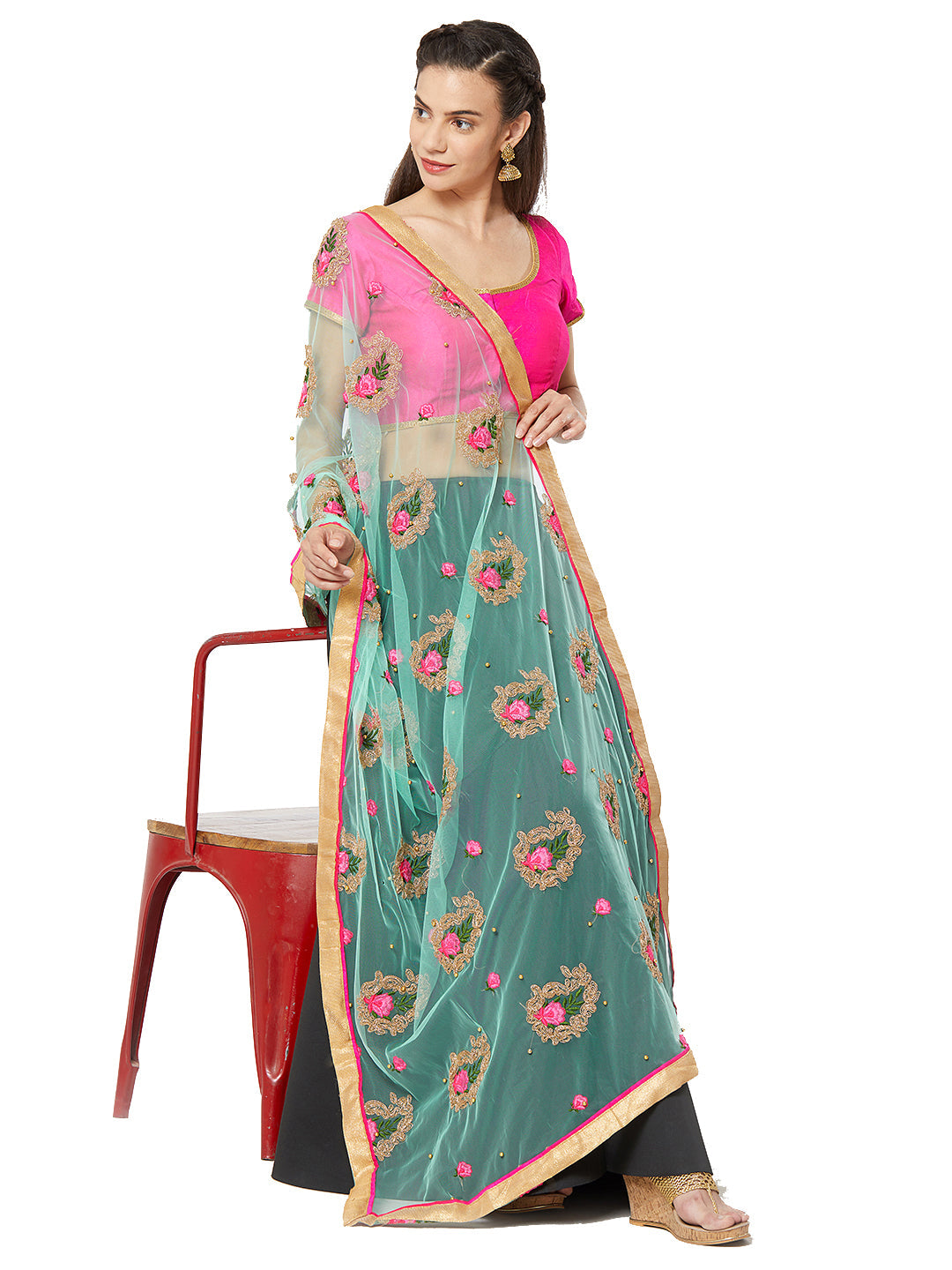 Dupatta Bazaar Woman's Sea Green Net Dupatta with Paisley Embroidery. - Dupatta Bazaar