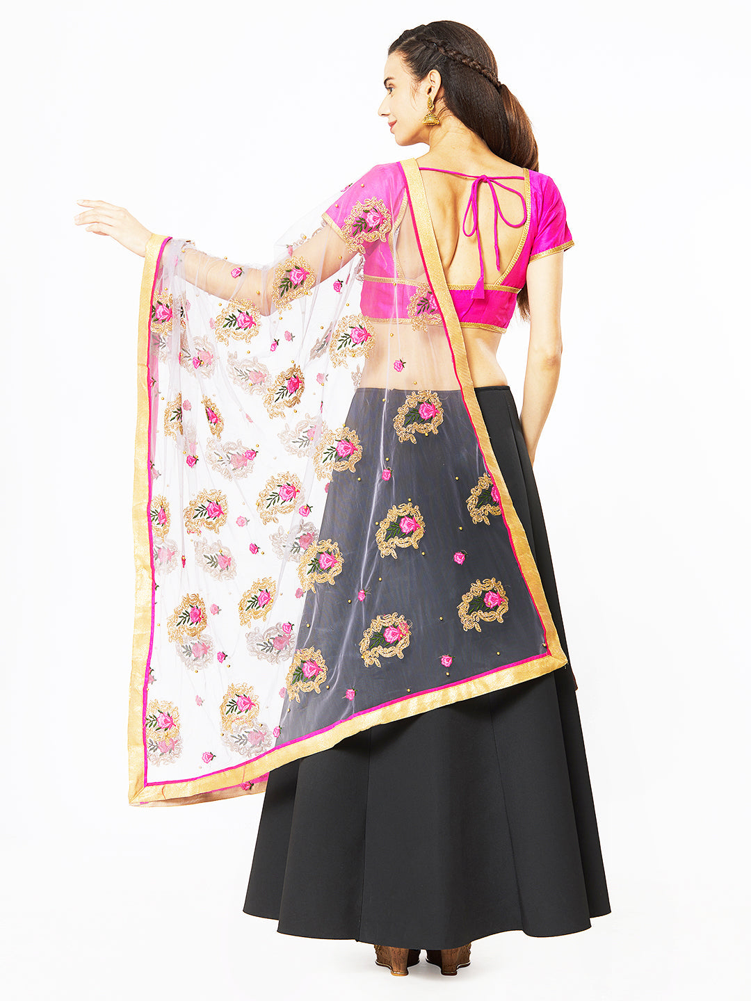 Dupatta Bazaar Woman's Grey Net Dupatta with Paisley Embroidery. - Dupatta Bazaar