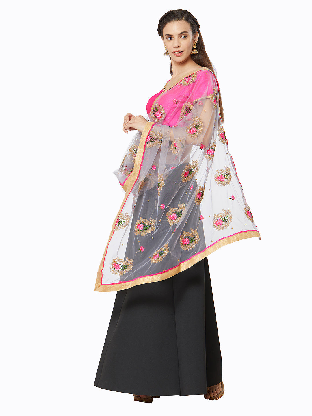 Dupatta Bazaar Woman's Grey Net Dupatta with Paisley Embroidery. - Dupatta Bazaar