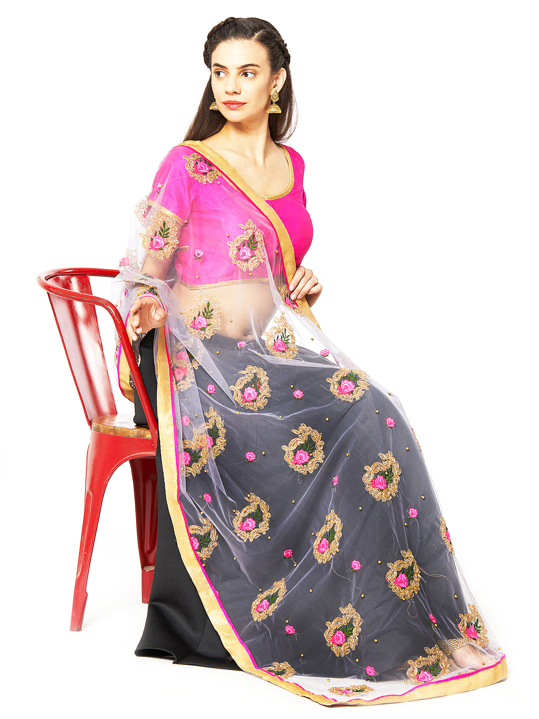 Dupatta Bazaar Woman's Grey Net Dupatta with Paisley Embroidery. - Dupatta Bazaar