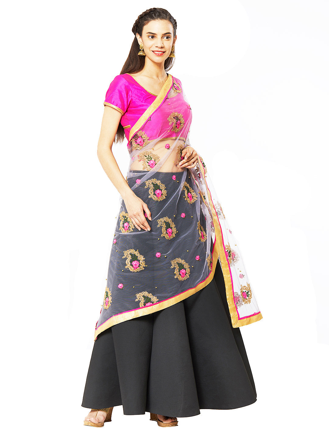 Dupatta Bazaar Woman's Grey Net Dupatta with Paisley Embroidery. - Dupatta Bazaar