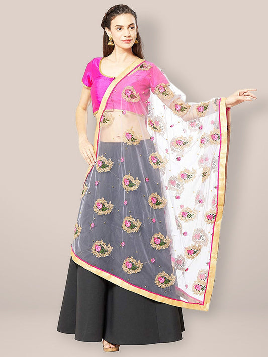 Grey Net Dupatta with Paisley Embroidery. freeshipping - Dupatta Bazaar