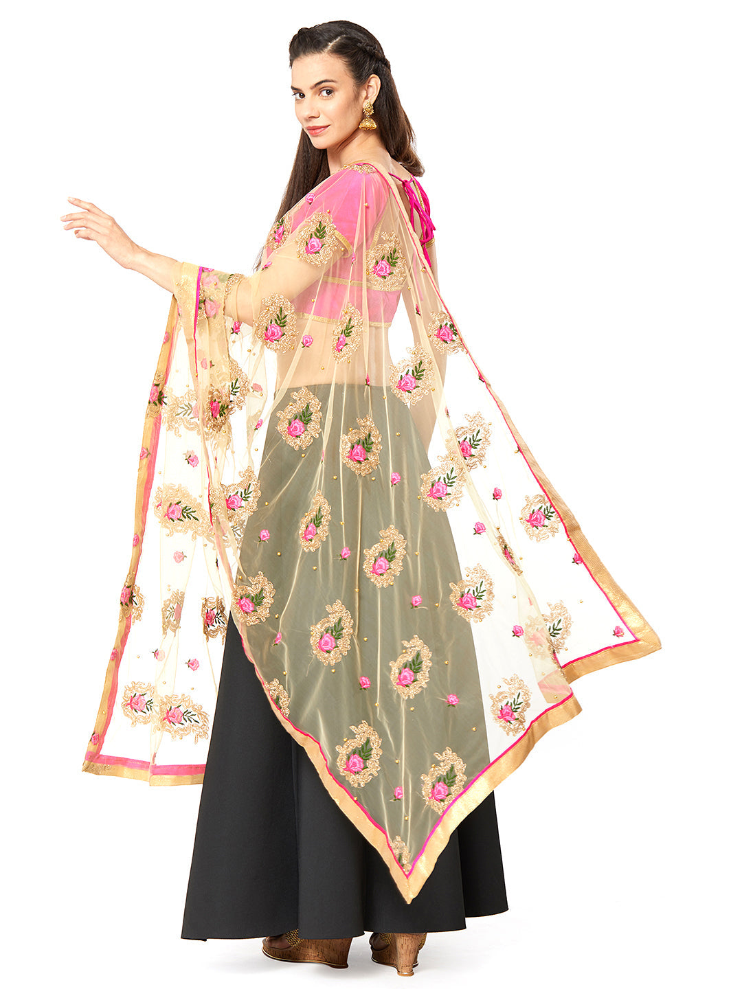 Dupatta Bazaar Woman's Gold Net Dupatta with Paisley Embroidery. - Dupatta Bazaar