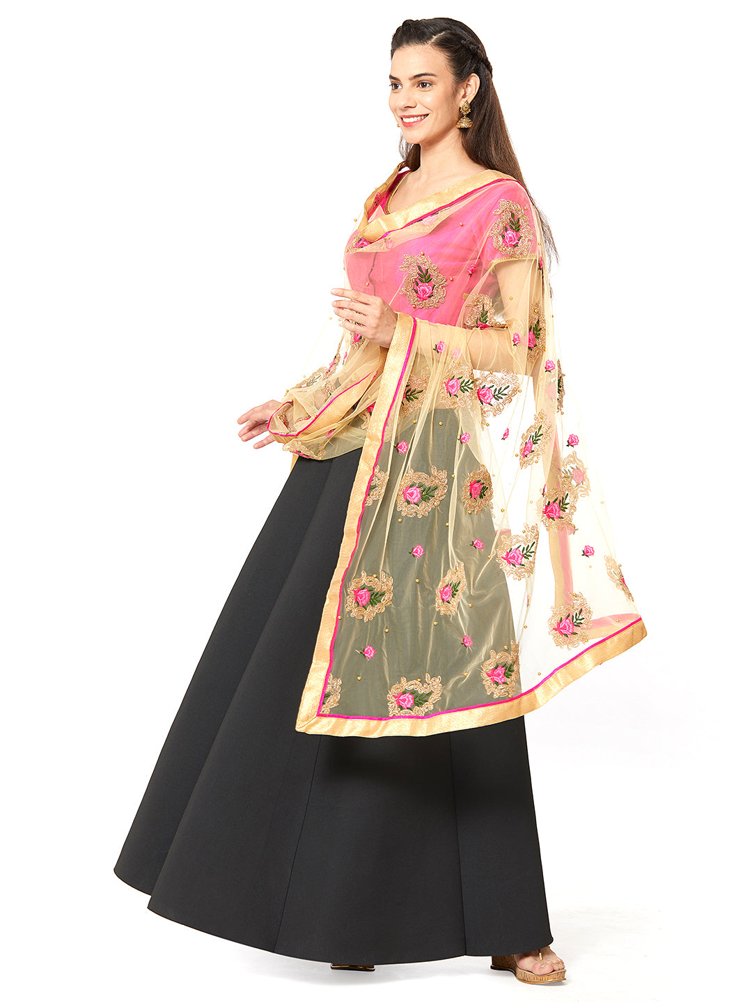 Dupatta Bazaar Woman's Gold Net Dupatta with Paisley Embroidery. - Dupatta Bazaar