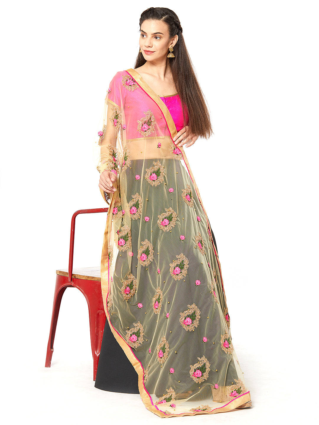 Dupatta Bazaar Woman's Gold Net Dupatta with Paisley Embroidery. - Dupatta Bazaar