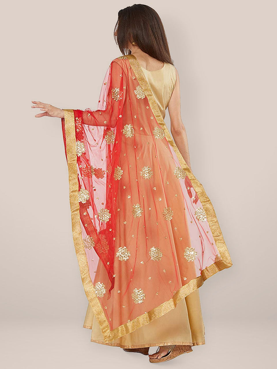 Red Net Dupatta with Gold Motifs. freeshipping - Dupatta Bazaar