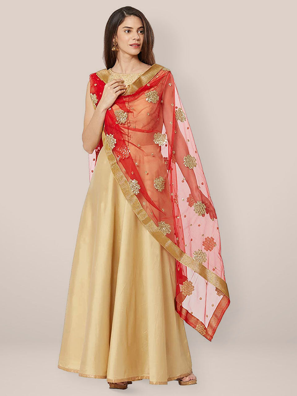 Red Net Dupatta with Gold Motifs. freeshipping - Dupatta Bazaar