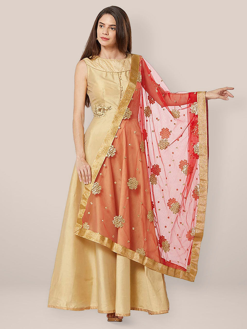 Red Net Dupatta with Gold Motifs. freeshipping - Dupatta Bazaar