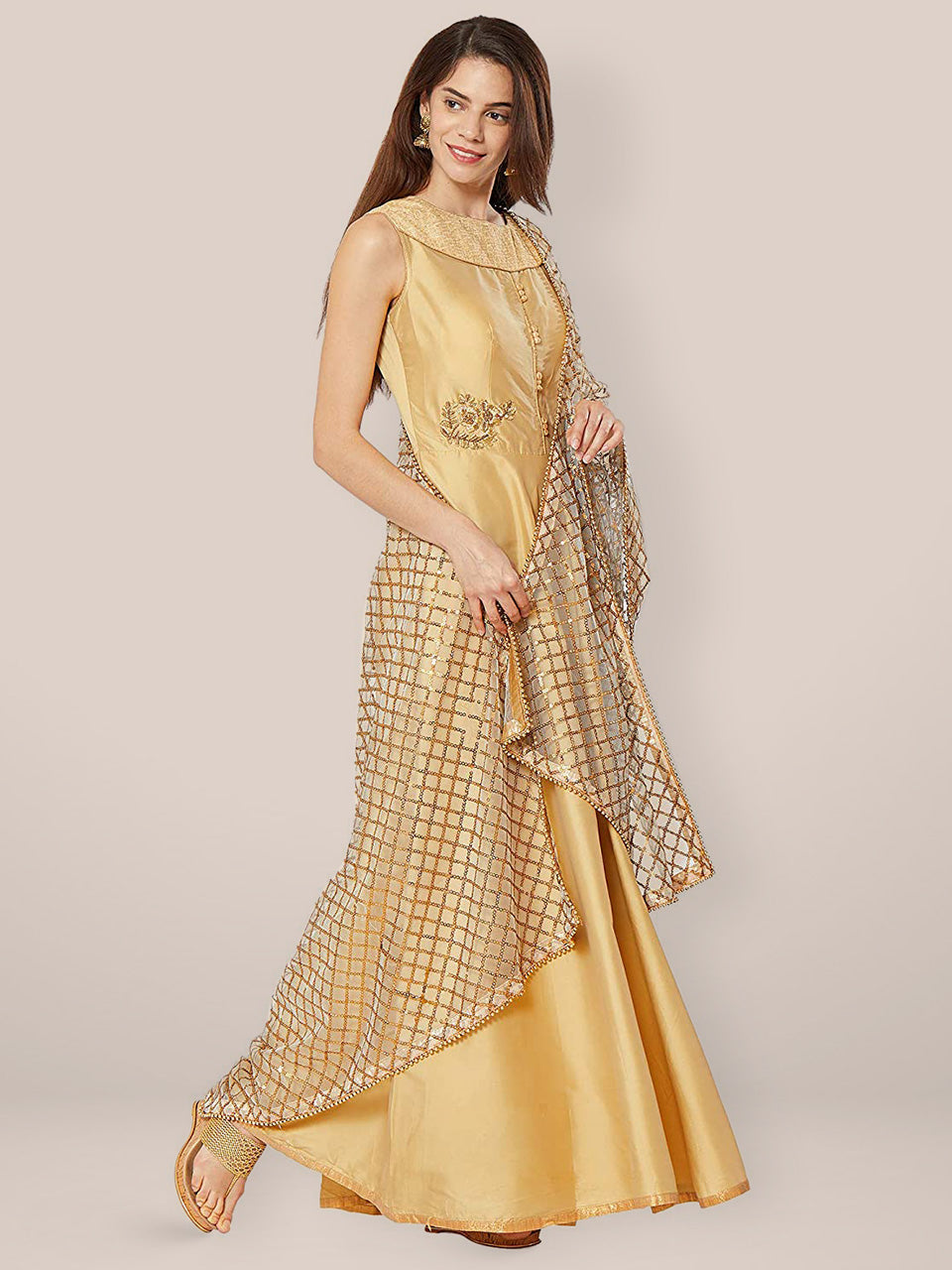 Grey Net Dupatta with Anitique gold sequence and Beads border freeshipping - Dupatta Bazaar