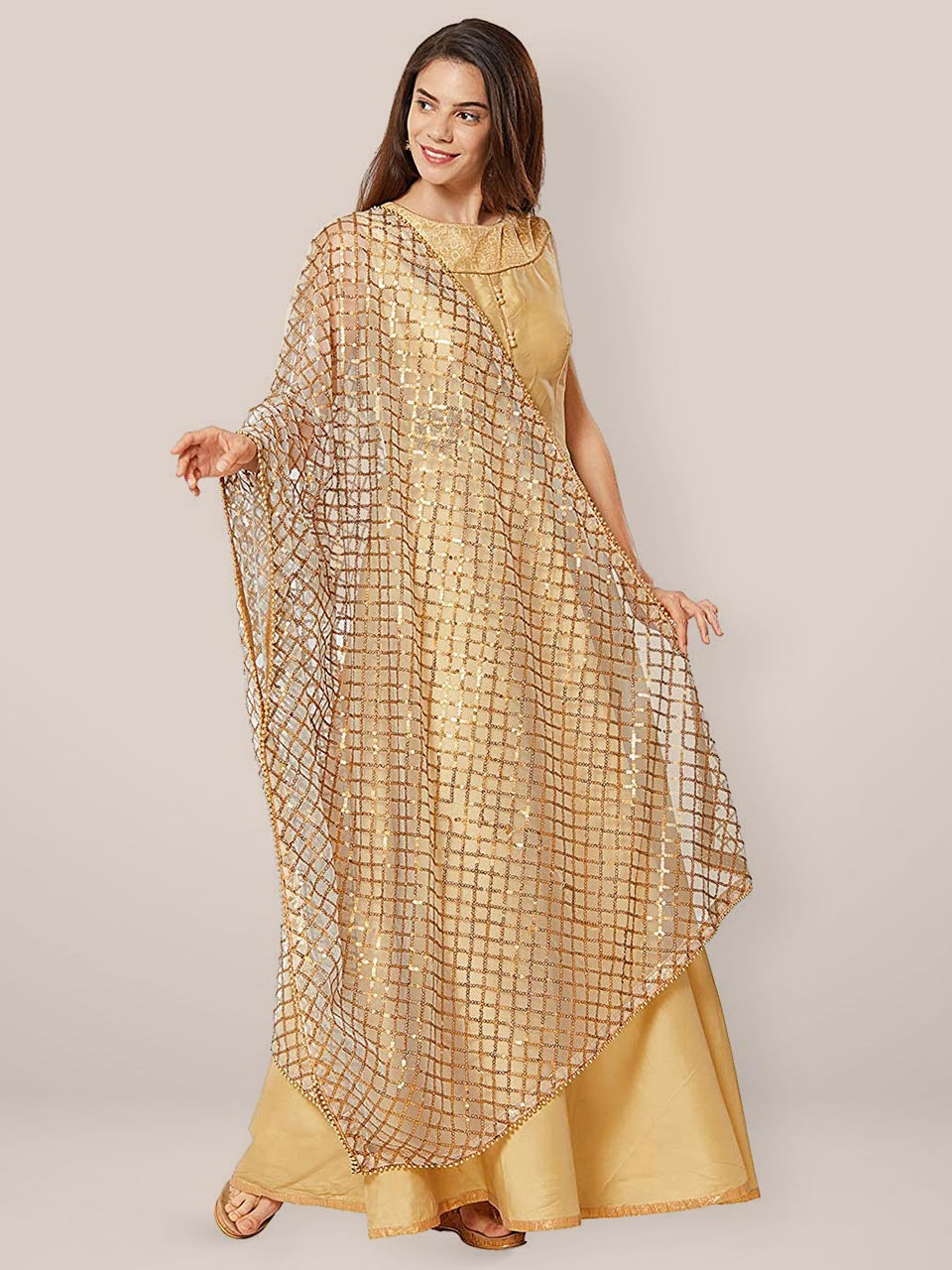 Grey Net Dupatta with Anitique gold sequence and Beads border freeshipping - Dupatta Bazaar