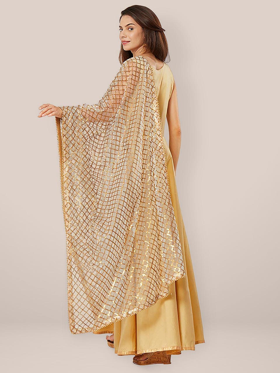 Grey Net Dupatta with Anitique gold sequence and Beads border freeshipping - Dupatta Bazaar