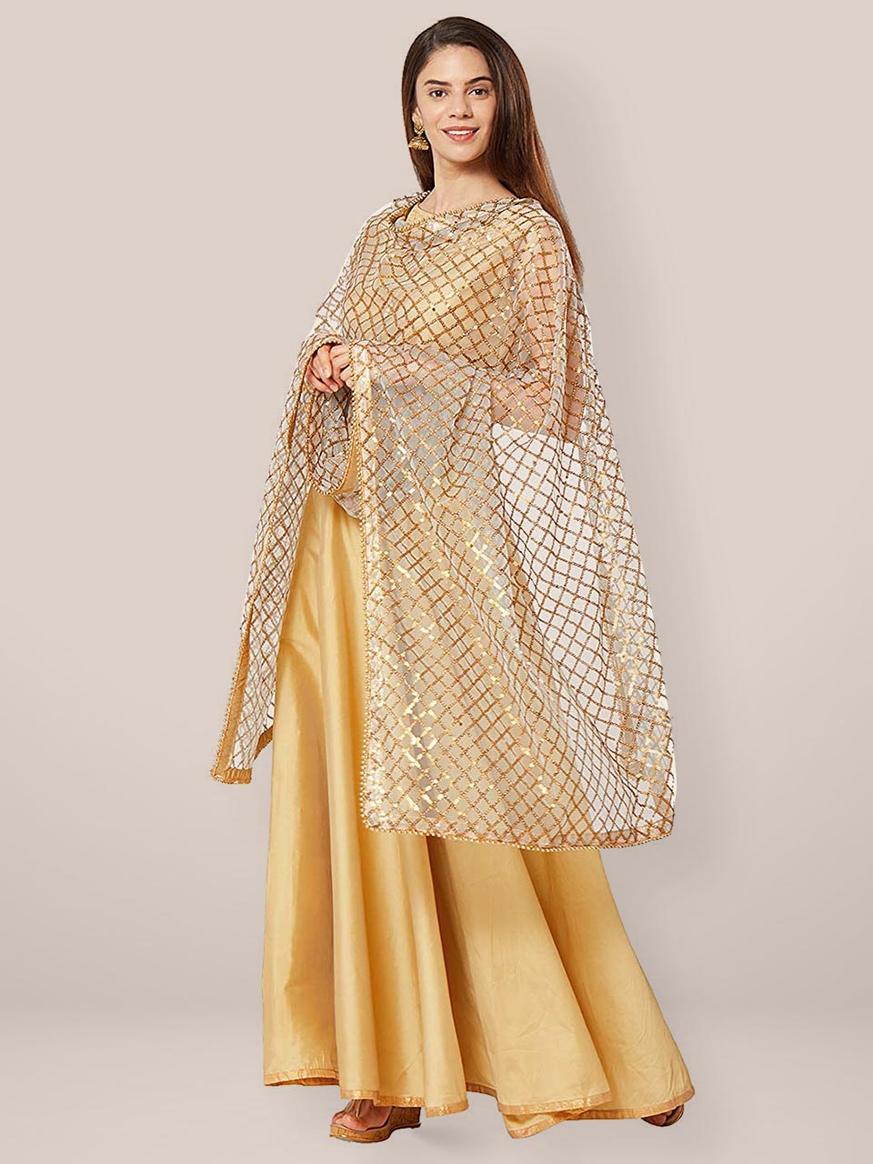 Grey Net Dupatta with Anitique gold sequence and Beads border freeshipping - Dupatta Bazaar