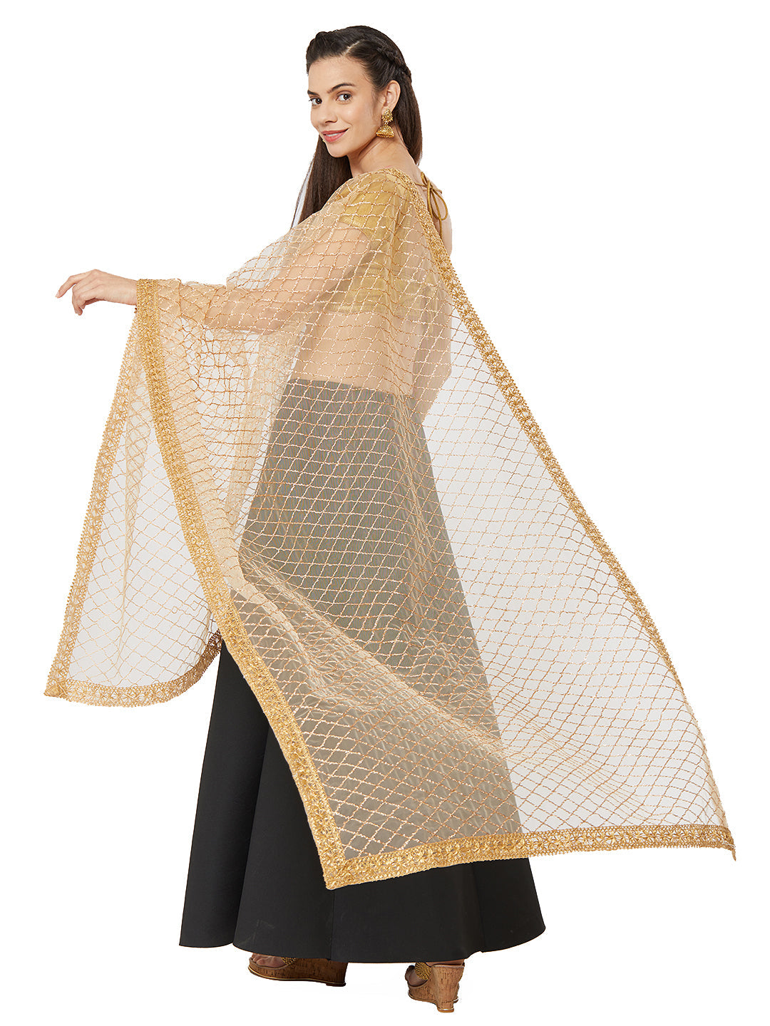 Dupatta Bazaar Woman's Gold Net with gold work and border. - Dupatta Bazaar