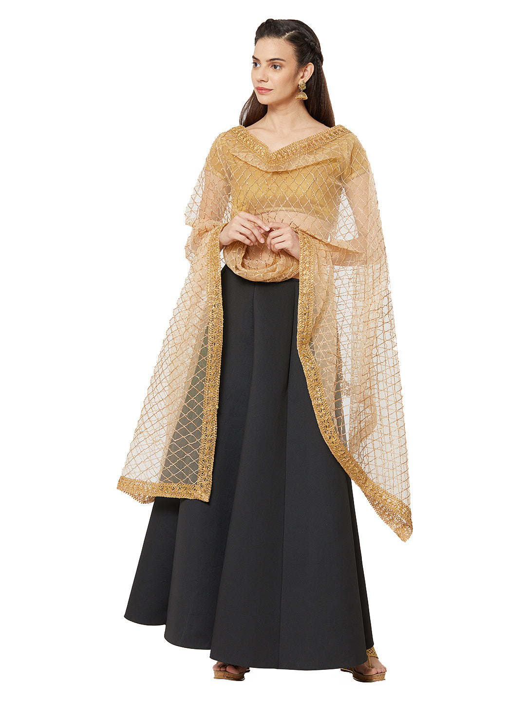 Dupatta Bazaar Woman's Gold Net with gold work and border. - Dupatta Bazaar