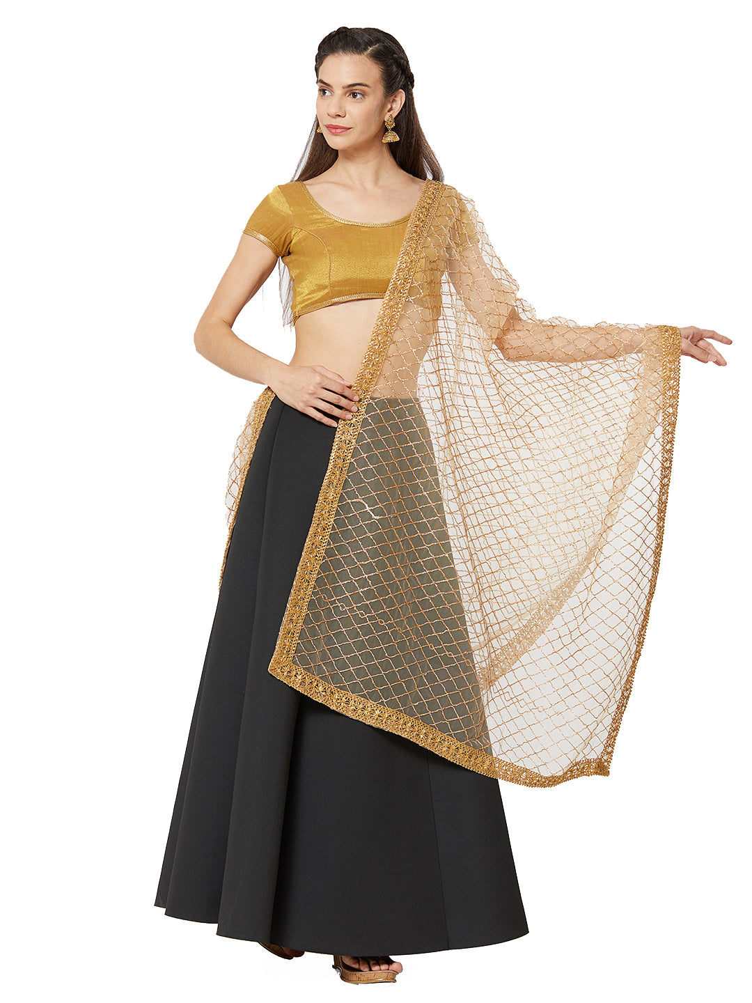 Dupatta Bazaar Woman's Gold Net with gold work and border. - Dupatta Bazaar