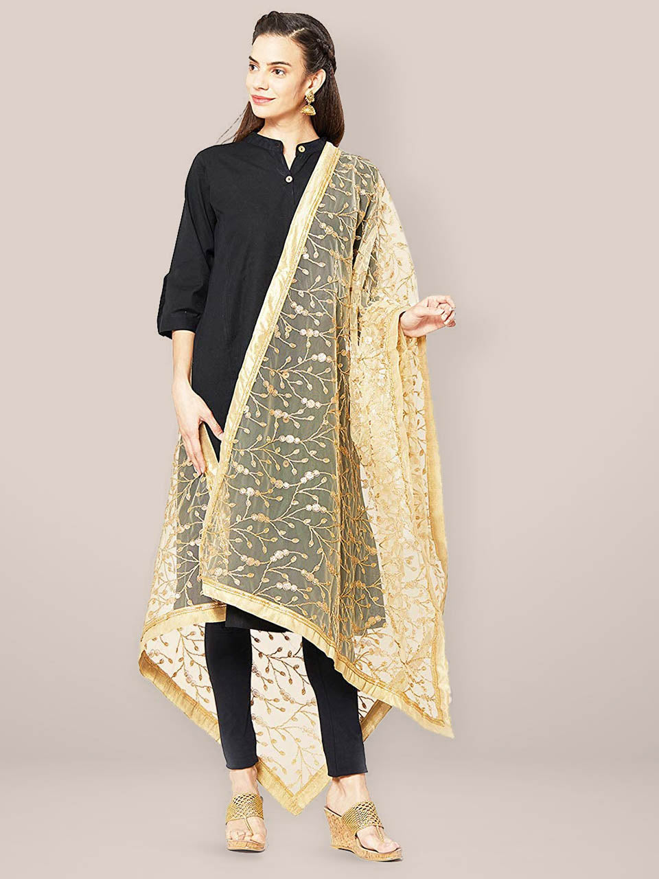 Embroidered Gold Net Dupatta freeshipping - Dupatta Bazaar