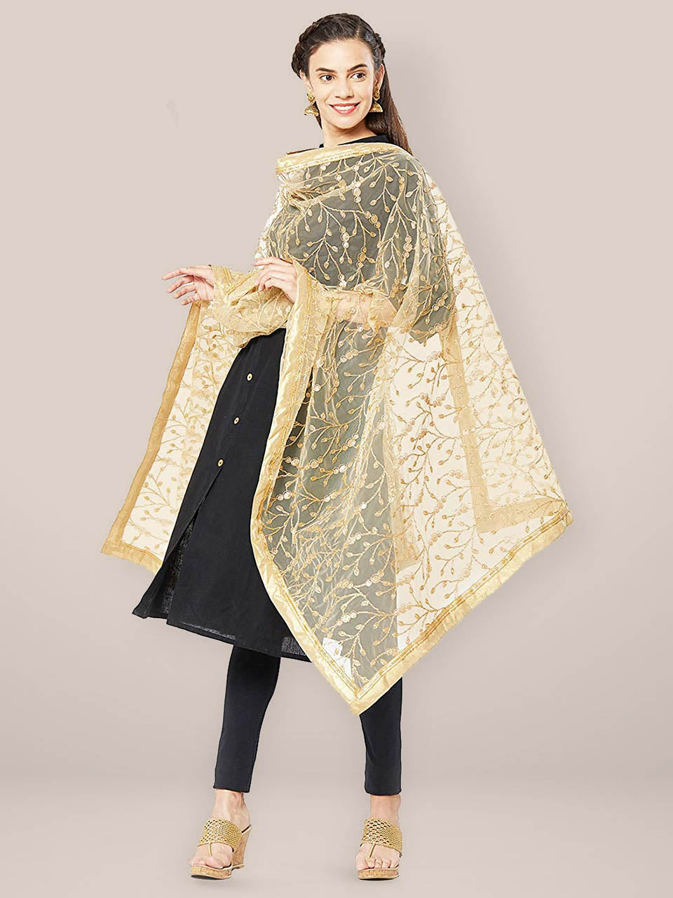 Embroidered Gold Net Dupatta freeshipping - Dupatta Bazaar