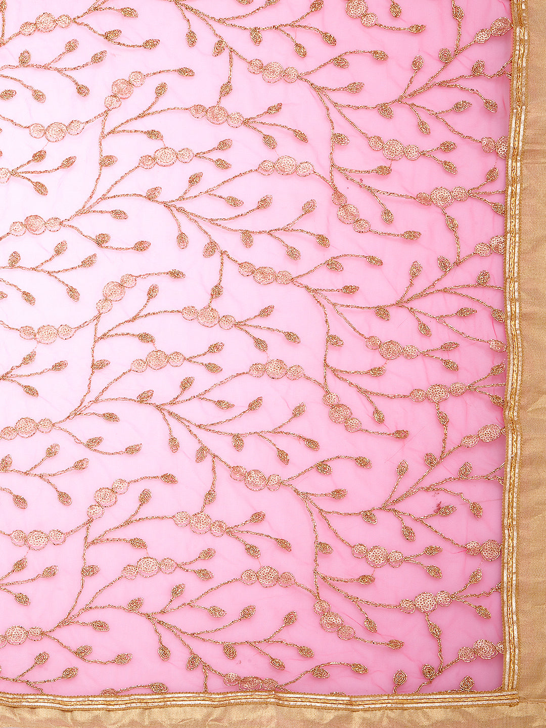 Dupatta Bazaar Women's Embroidered Pink & Gold Net Dupatta - Dupatta Bazaar
