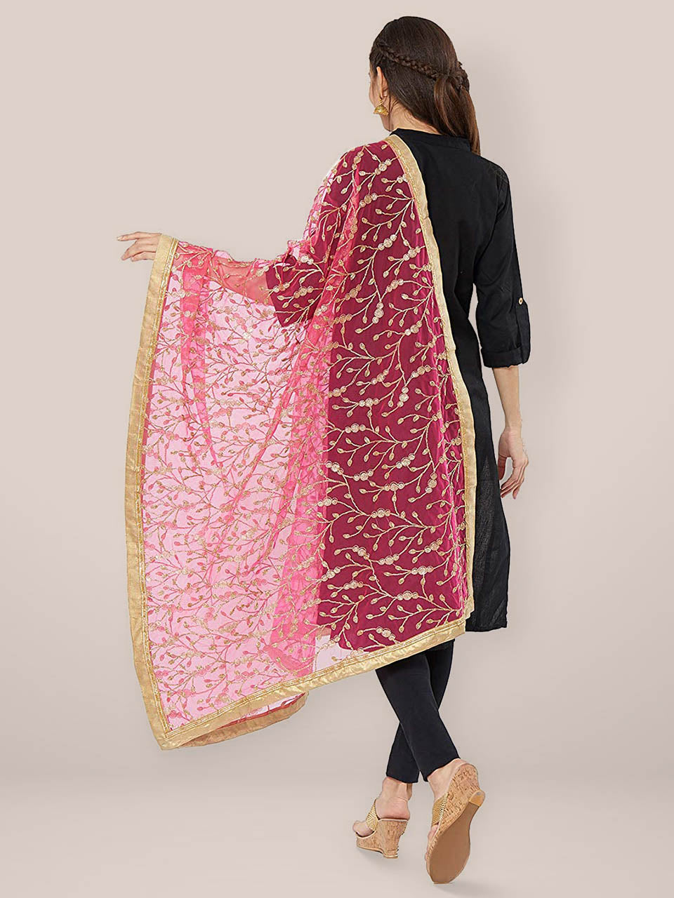 Embroidered Pink & Gold Net Dupatta freeshipping - Dupatta Bazaar
