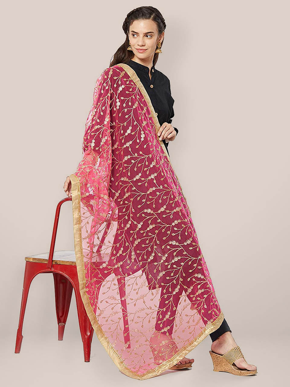 Embroidered Pink & Gold Net Dupatta freeshipping - Dupatta Bazaar
