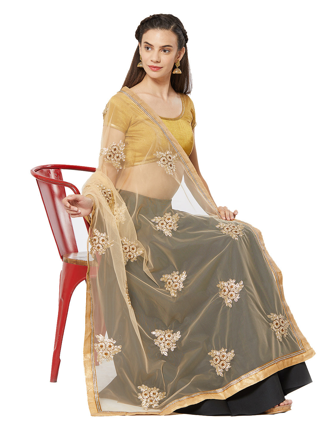 Dupatta Bazaar Woman's Net Dupatta with Copper and Gold floral Embroidery - Dupatta Bazaar