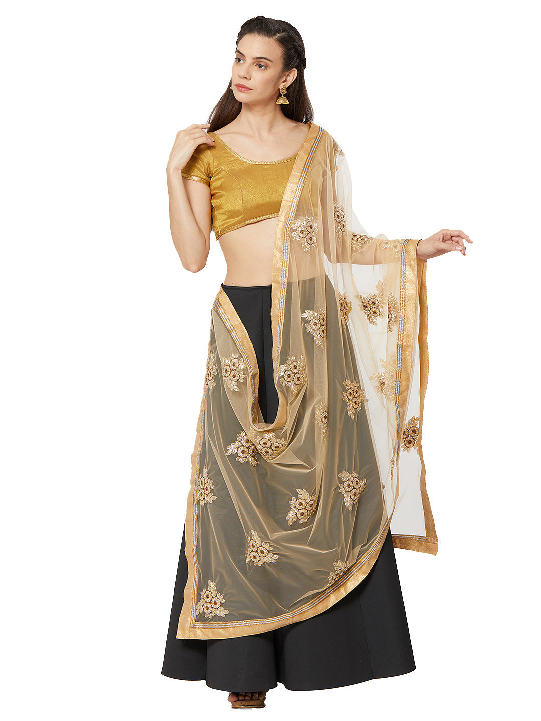 Dupatta Bazaar Woman's Net Dupatta with Copper and Gold floral Embroidery - Dupatta Bazaar