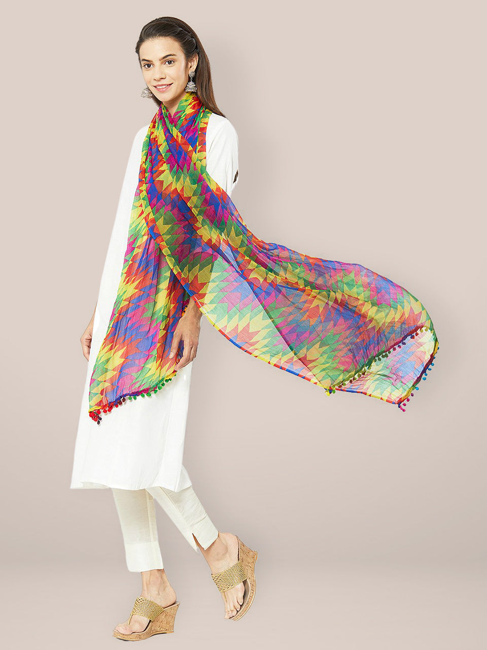 Multicolour Printed Chiffon Dupatta with Pom Pom lace. freeshipping - Dupatta Bazaar