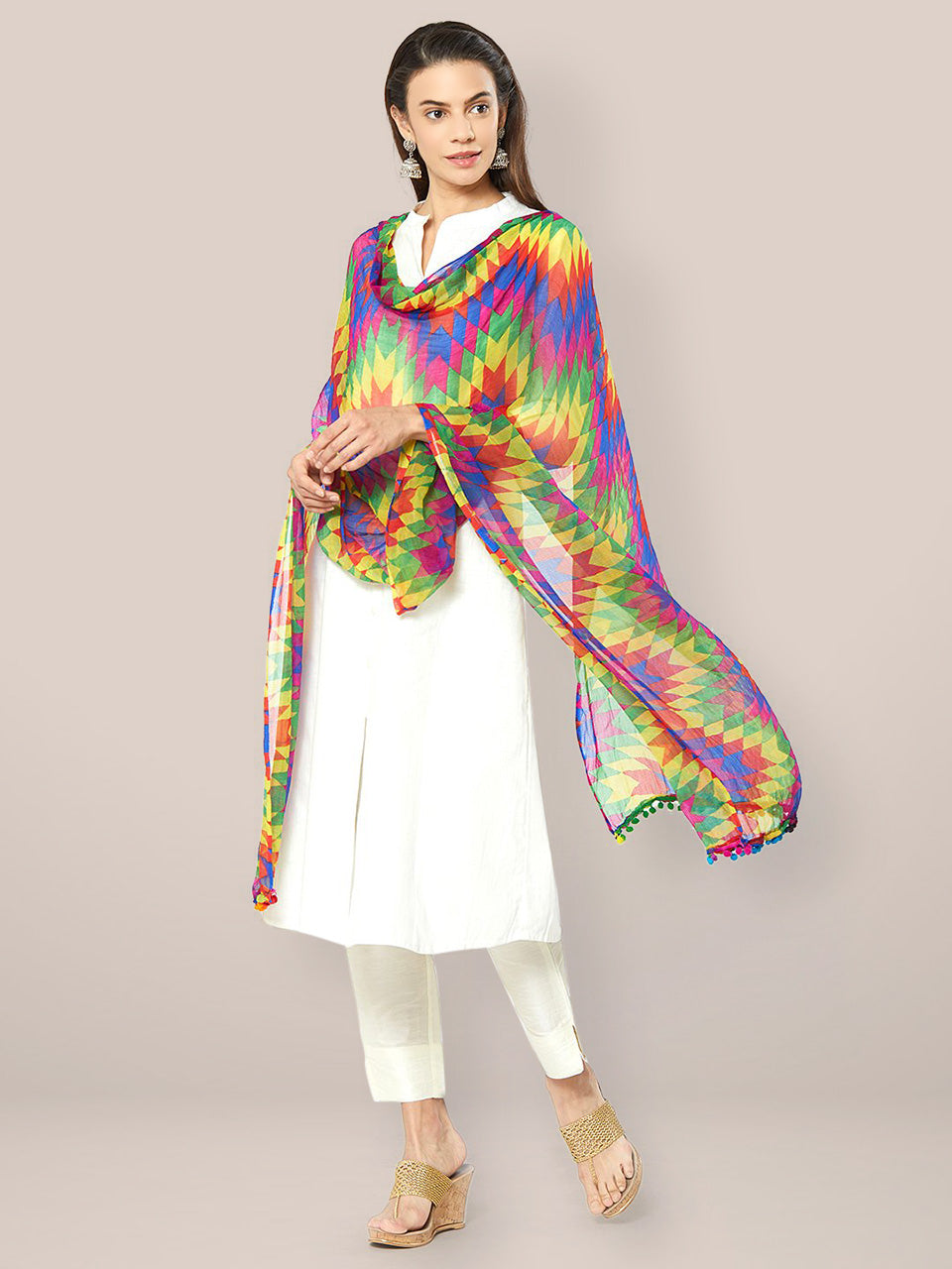 Multicolour Printed Chiffon Dupatta with Pom Pom lace. freeshipping - Dupatta Bazaar