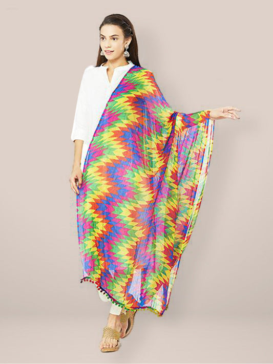 Multicolour Printed Chiffon Dupatta with Pom Pom lace. freeshipping - Dupatta Bazaar