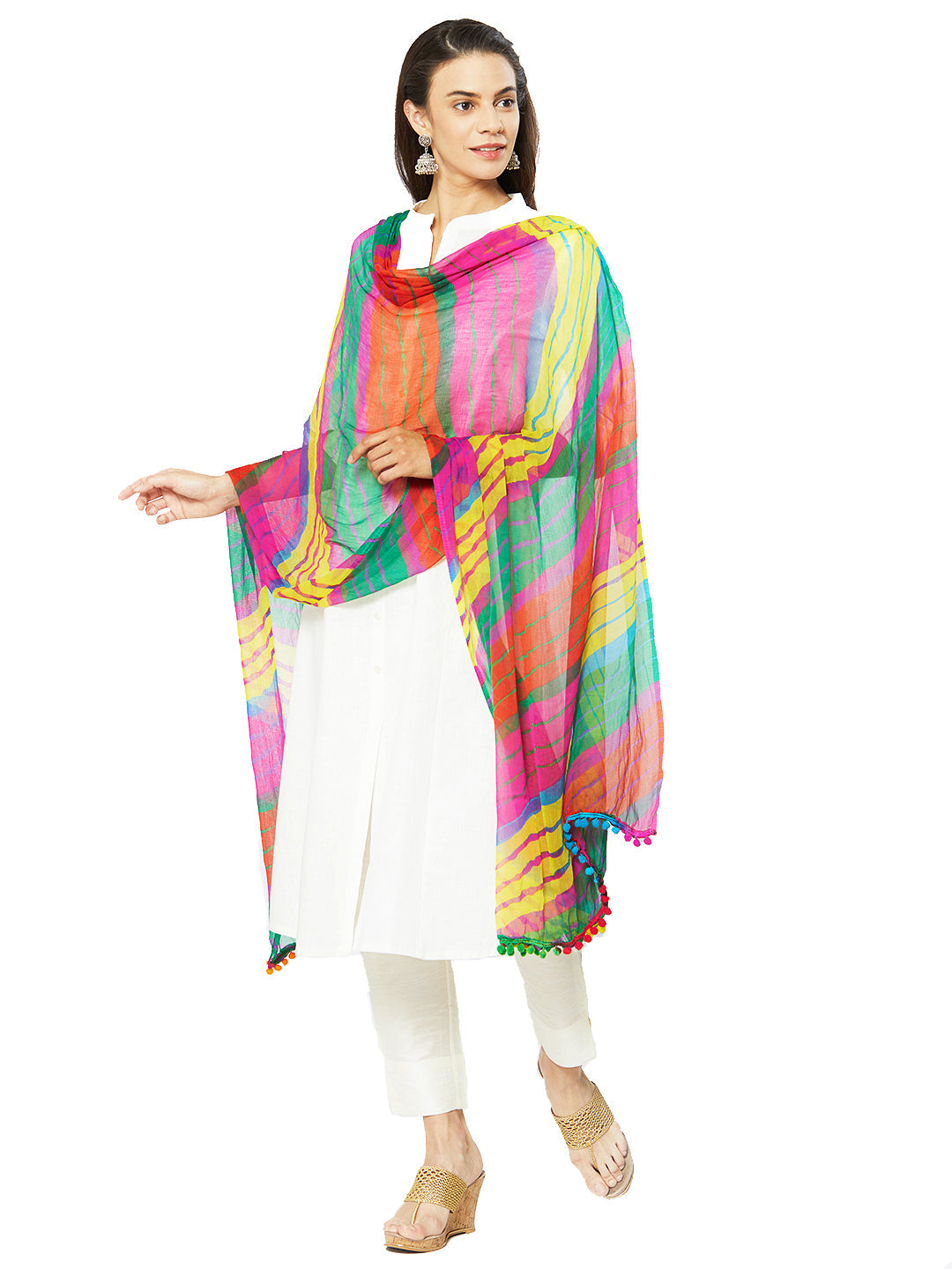 Dupatta Bazaar's Printed Chiffon Dupatta with Pom Pom lace. - Dupatta Bazaar