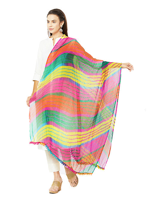 Dupatta Bazaar's Printed Chiffon Dupatta with Pom Pom lace. - Dupatta Bazaar