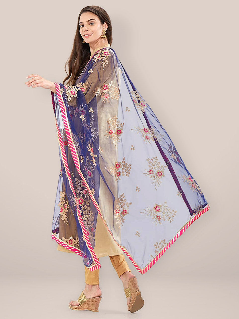 Blue & Multicolour Net Embroidery Dupatta freeshipping - Dupatta Bazaar