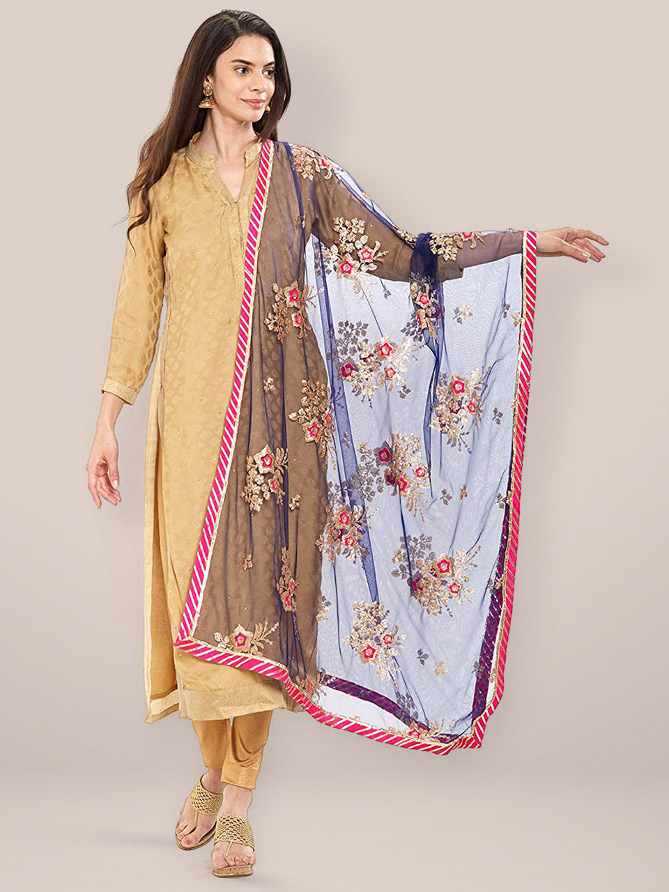 Blue & Multicolour Net Embroidery Dupatta freeshipping - Dupatta Bazaar
