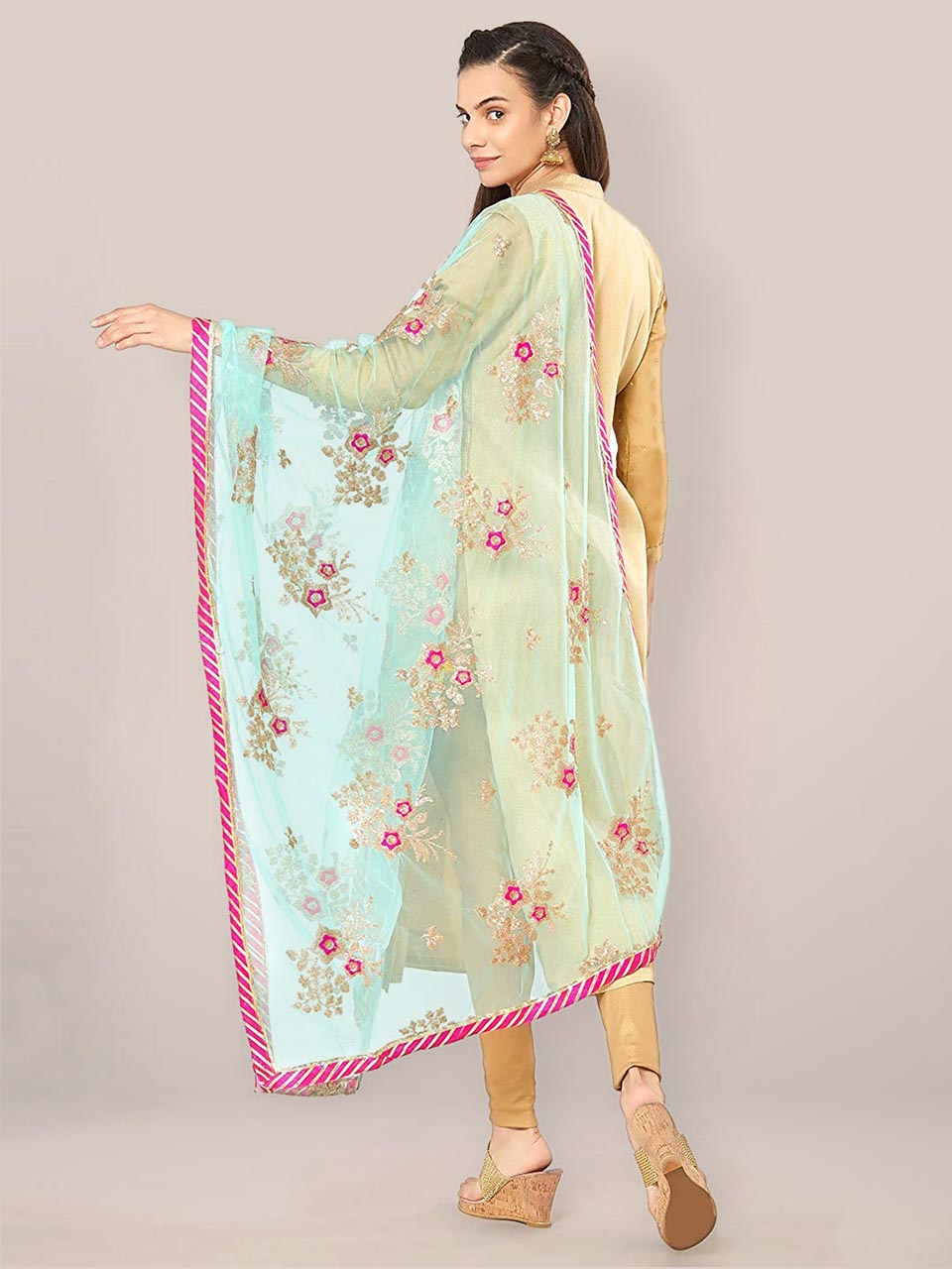 Sea Green & Multicoloured Net Dupatta with Floral Embroidery. freeshipping - Dupatta Bazaar