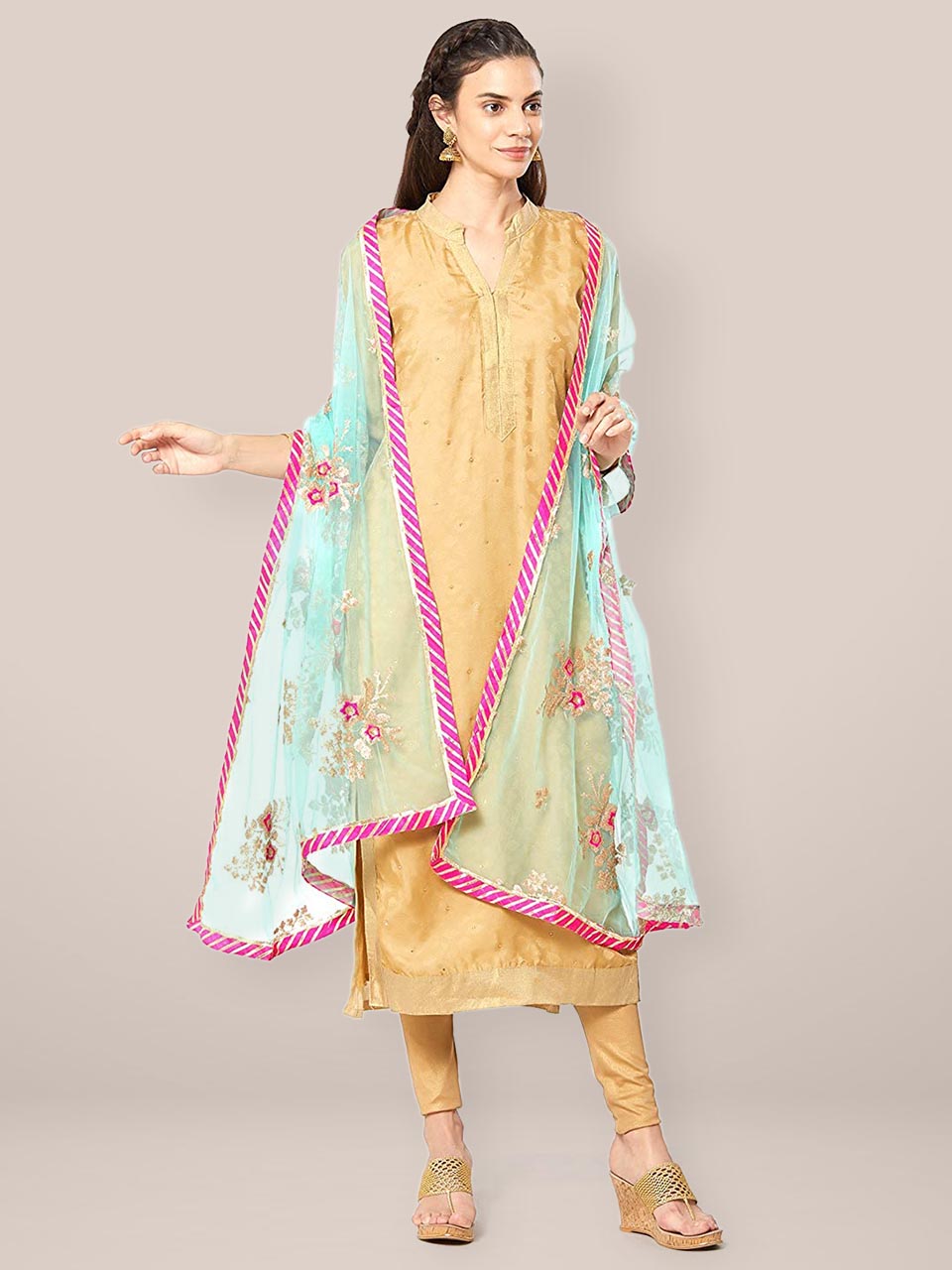 Sea Green & Multicoloured Net Dupatta with Floral Embroidery. freeshipping - Dupatta Bazaar