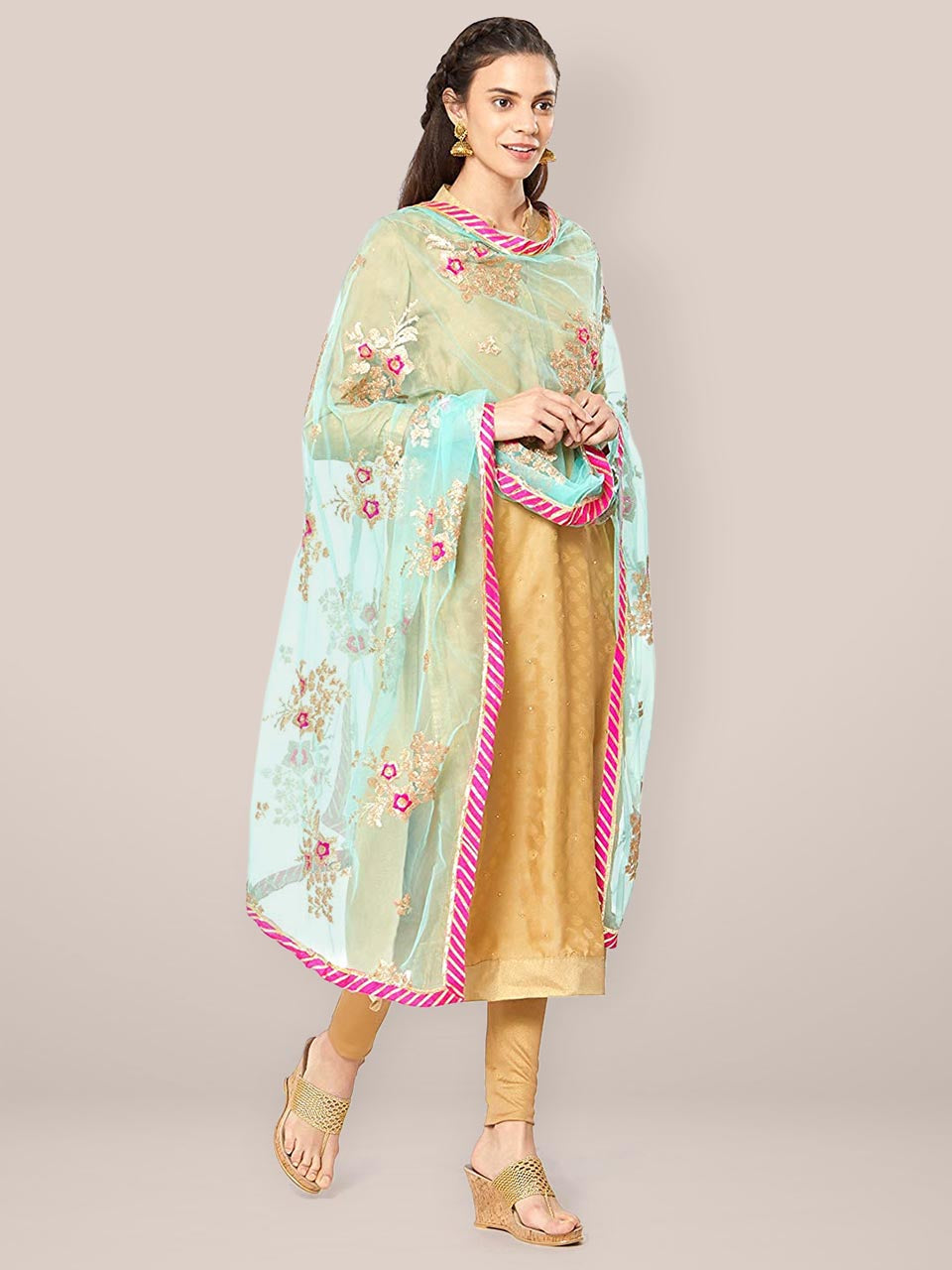 Sea Green & Multicoloured Net Dupatta with Floral Embroidery. freeshipping - Dupatta Bazaar