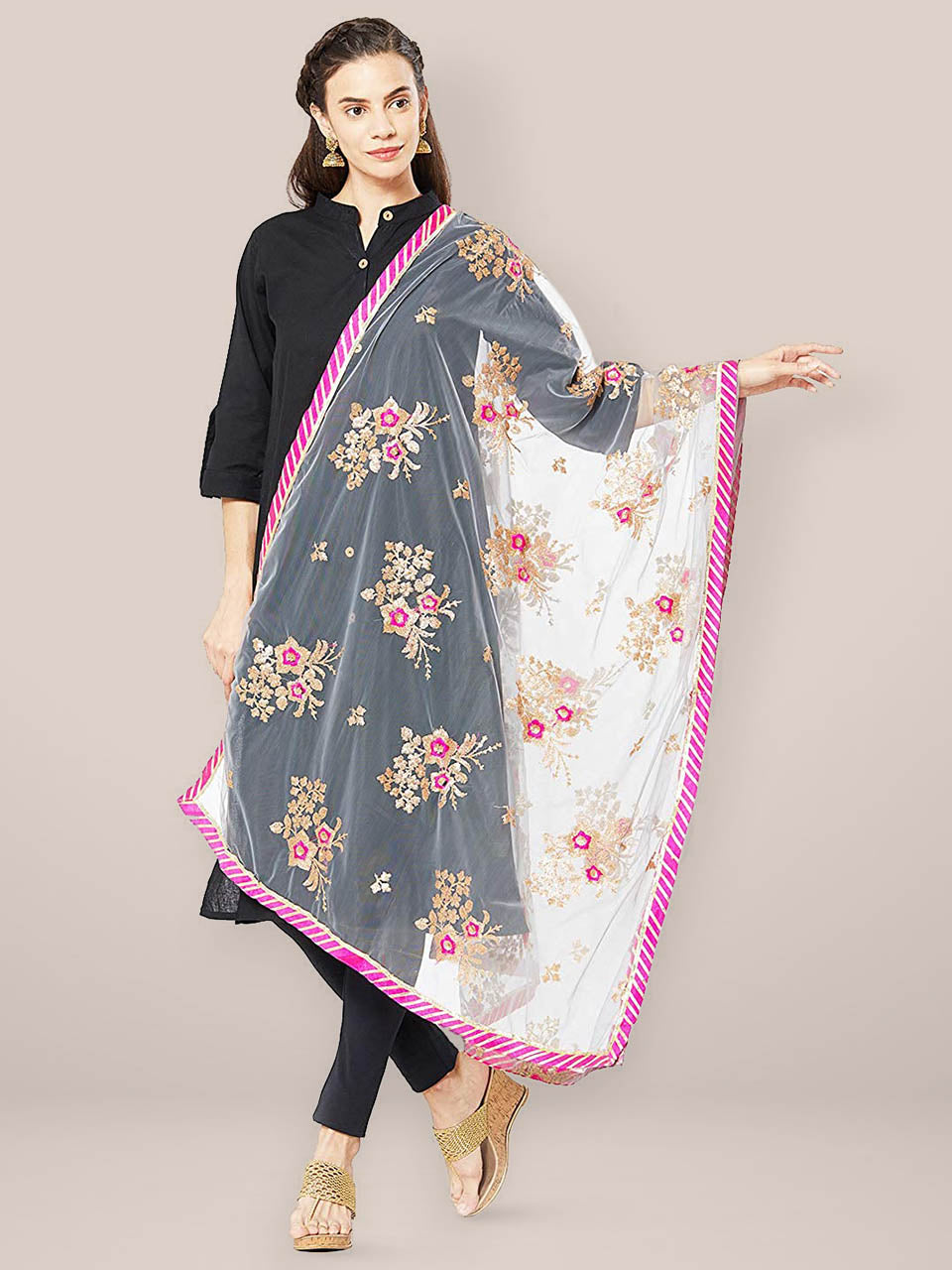 Grey & Multicoloured Net Dupatta with Floral Embroidery. freeshipping - Dupatta Bazaar