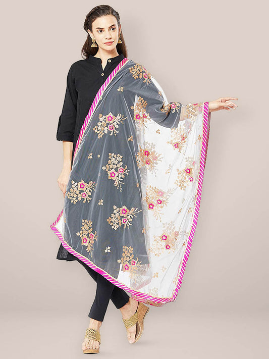Grey & Multicoloured Net Dupatta with Floral Embroidery. freeshipping - Dupatta Bazaar
