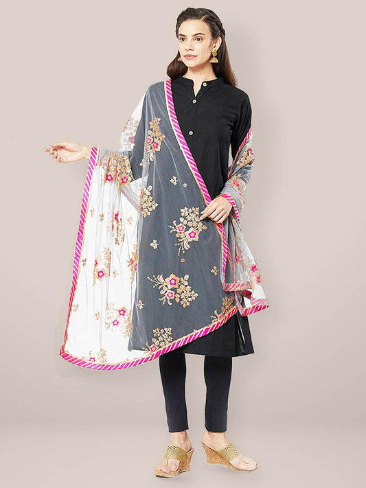 Grey & Multicoloured Net Dupatta with Floral Embroidery. freeshipping - Dupatta Bazaar