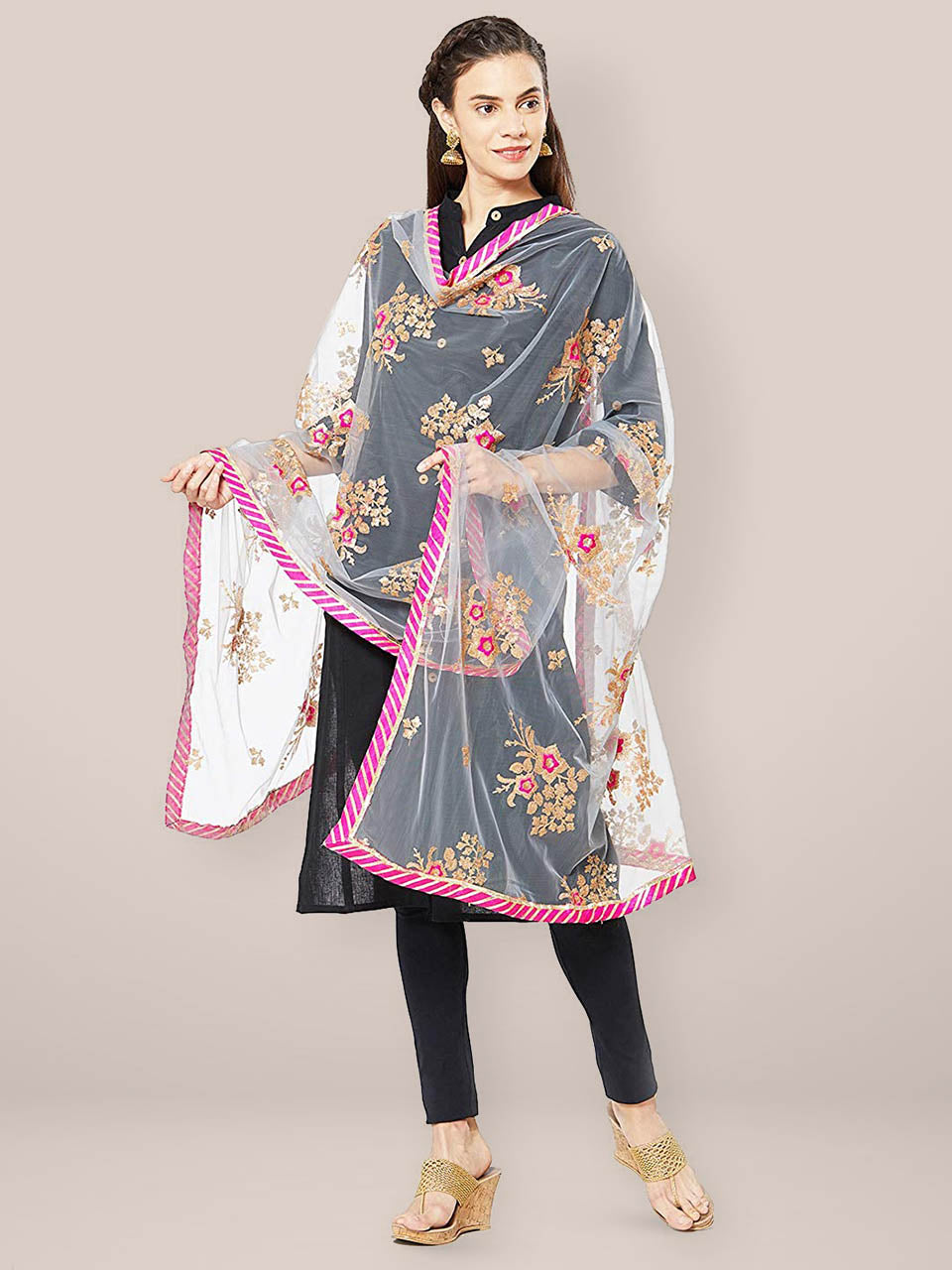 Grey & Multicoloured Net Dupatta with Floral Embroidery. freeshipping - Dupatta Bazaar