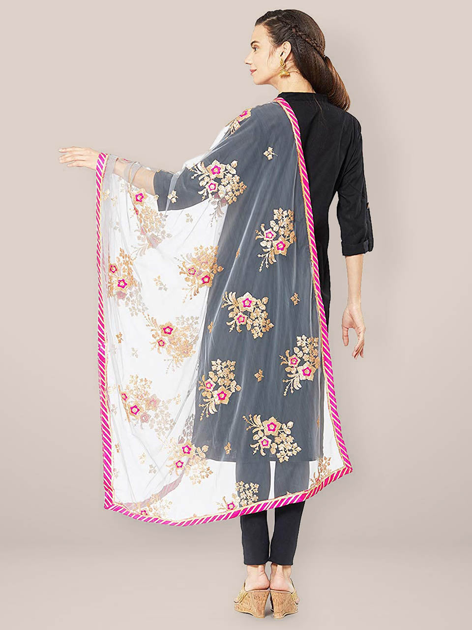 Grey & Multicoloured Net Dupatta with Floral Embroidery. freeshipping - Dupatta Bazaar