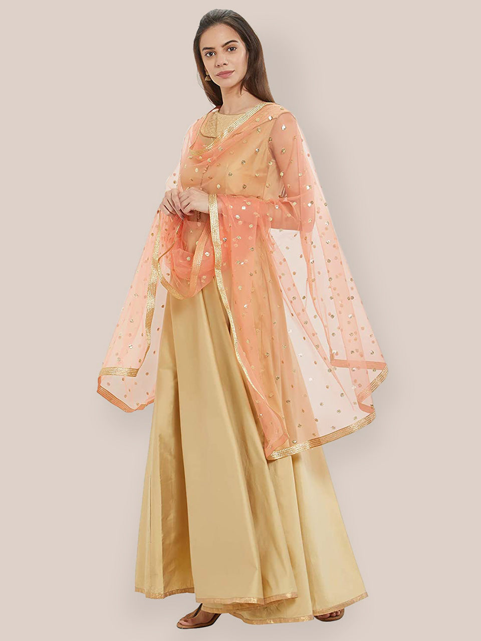 Peach Embellished Net Dupatta freeshipping - Dupatta Bazaar