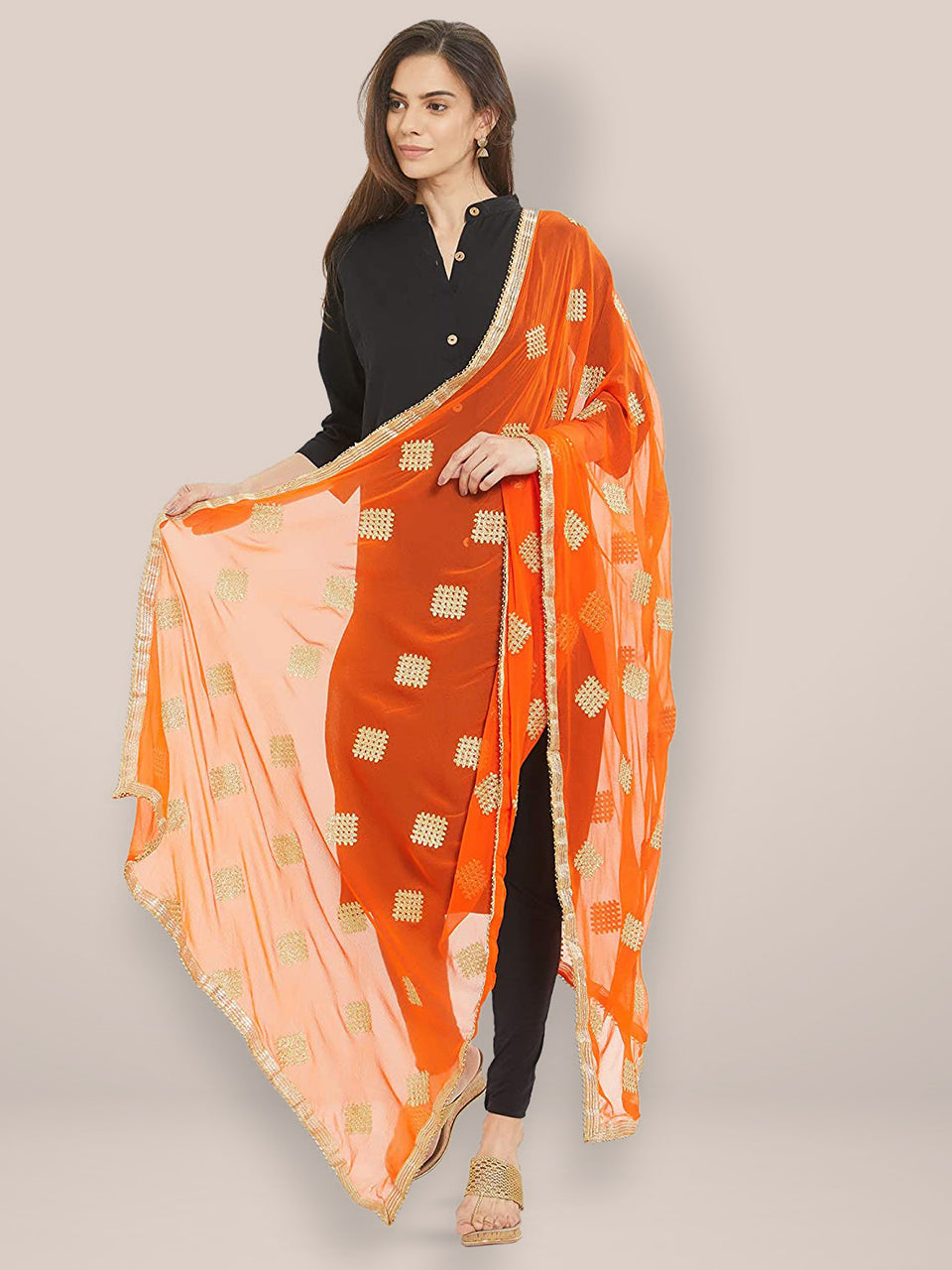 Orange Embroidered Chiffon Dupatta freeshipping - Dupatta Bazaar