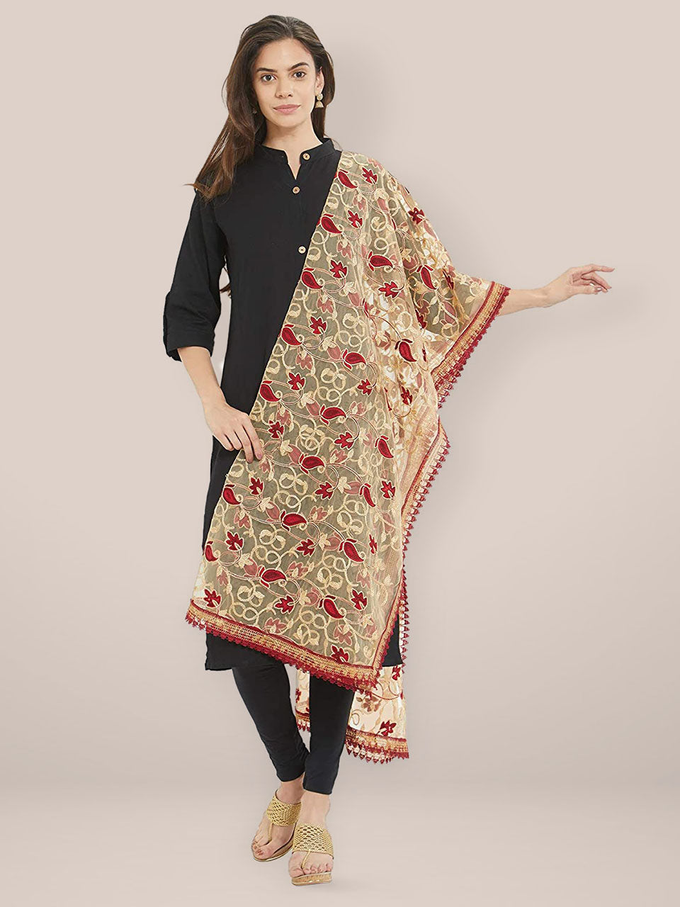 Maroon & Beige Emroidered Net Dupatta freeshipping - Dupatta Bazaar